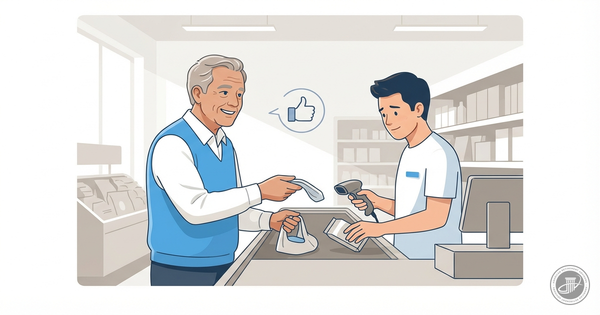 An illustration of a smiling man in his 60s helping a cashier in a grocery line, rendered in a clean, blue and gray infograph