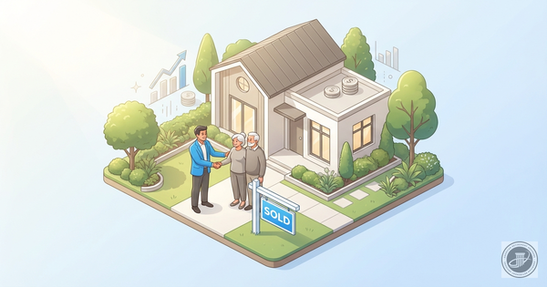 An isometric 3D illustration of a real estate professional and a senior couple shaking hands in front of a smaller home with 