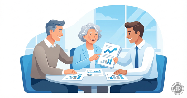 A clean infographic illustration shows a smiling elderly woman and two advisors reviewing positive financial charts in a brig