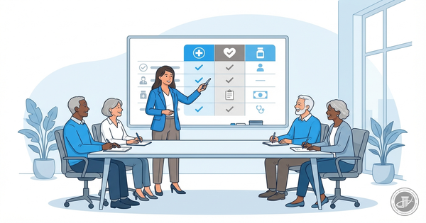 An illustration of a Medicare specialist presenting a clear plan comparison chart to engaged pre-retirees in a modern confere