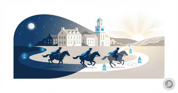 A clean infographic illustration shows stylized colonial riders on horseback galloping along a winding path from a moonlit, s