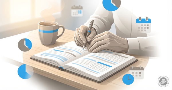 Close-up illustration of mature hands writing in an open planner with soft lighting and a coffee cup, symbolizing thoughtful 