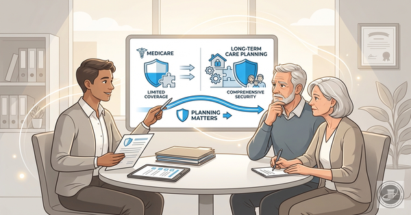 Infographic illustration shows a healthcare advisor explaining documents to a mature couple in a bright office, symbolizing l