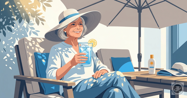 A mature woman in a sun hat relaxes under a patio umbrella, holding a glass of water with lemon in dappled sunlight.