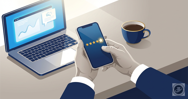 An illustration of hands holding a smartphone with a 5-star rating screen, next to a laptop and coffee cup on a clean desk.