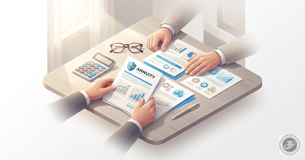 Isometric 3D illustration of mature hands reviewing annuity documents on a wooden table with a calculator and glasses, symbol