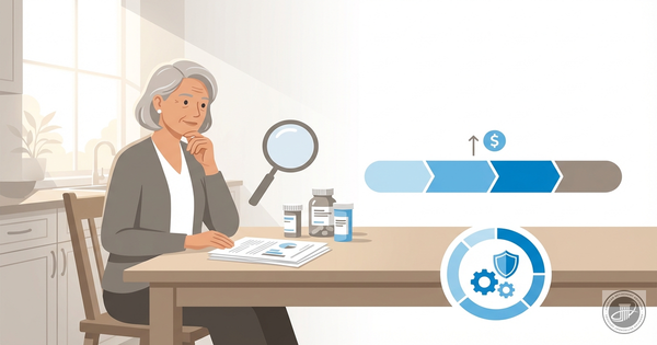 A modern infographic illustration shows a mature woman examining prescription bottles and paperwork with soft light, visually