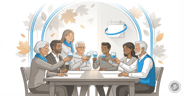 Multi-generational family toasting with blue-accented glasses at an autumn gathering, stylized as a clean, modern illustratio