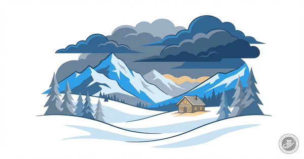 A clean illustration of a snowy mountain landscape at dusk with a warm glowing cabin in the distance, symbolizing overcoming 