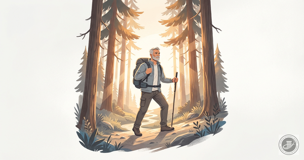 Mature man with backpack and walking stick hiking on a sun-dappled forest trail, rendered in a modern, warm-toned illustratio