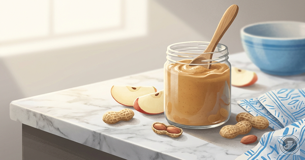An illustration of natural peanut butter in a jar with a spoon, peanuts, and apple slices on a marble counter.