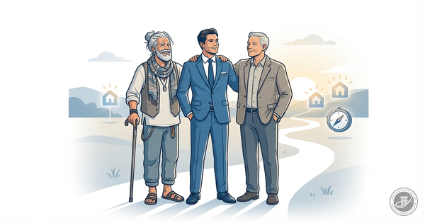 Illustration of three adult brothers of varying styles and ages smiling together outdoors.
