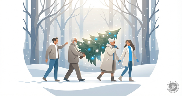 A family carries a Christmas tree through snowy woods in a warm, illustrative style.