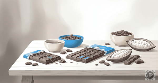 Illustrated still life of dark chocolate, cocoa beans, and pods on a light wood table with warm gray and blue accents.