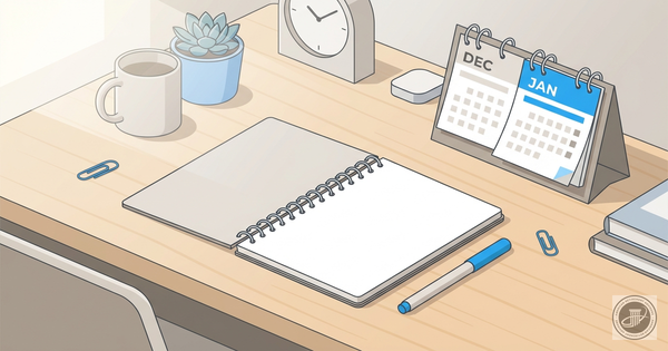 Illustrated desk scene with open notebook, pen, and calendar in warm wood, white, and blue tones.