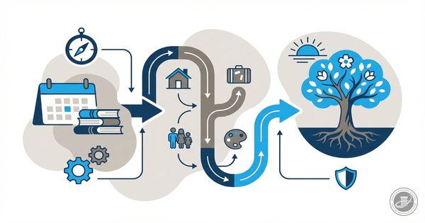 Clean infographic illustration showing a retirement planning roadmap with icons for preparation and life changes.