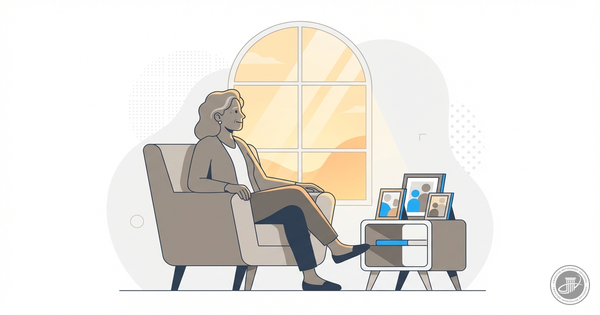 Mature person sitting by a window, reflecting with a gentle smile, surrounded by warm, golden light and stylized family photo