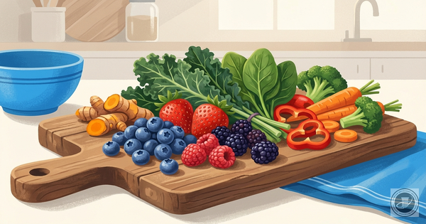 An illustration of colorful anti-inflammatory foods like berries, greens, and vegetables on a wooden board, with blue accents