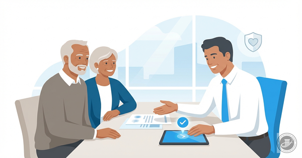 Illustrated mature couple and advisor reviewing documents in a bright office, conveying trust and understanding.