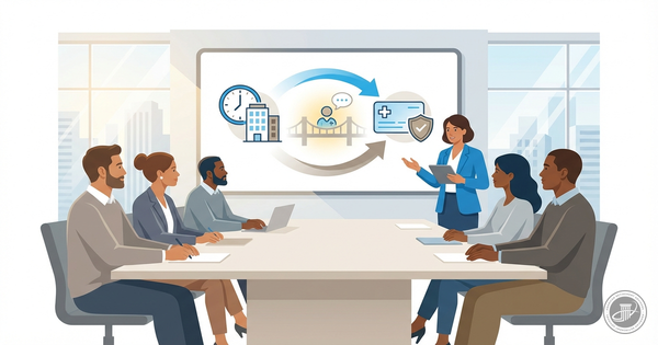 Clean illustration of diverse employees in a conference room learning about a healthcare transition from a presenter.
