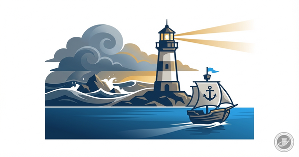 A clean illustration shows a stylized lighthouse with warm golden light guiding a ship with an anchor through stormy blue sea