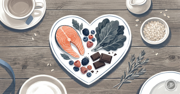 Illustrated heart-shaped arrangement of fresh salmon, leafy greens, berries, and dark chocolate on a rustic wooden table with