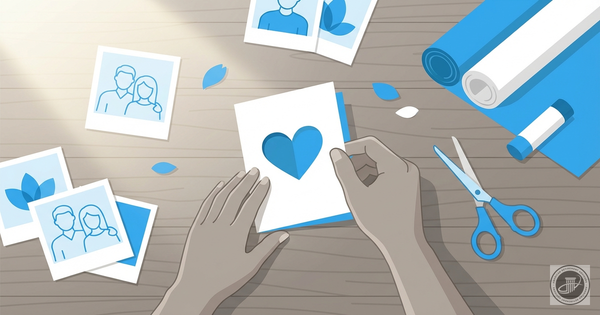 An illustration of hands crafting a Valentine's card with stylized photos and supplies, in blue, gray, and white tones.