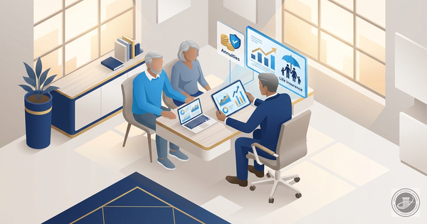 Isometric 3D illustration of a mature couple and financial advisor reviewing retirement plans in a modern office.