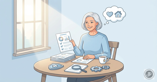 A reassuring, infographic-style illustration of a mature woman reviewing documents at a sunlit kitchen table, symbolizing Med