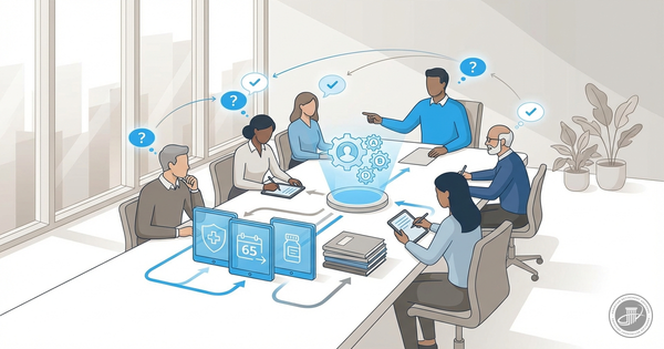 Infographic illustration of a diverse intergenerational group at a conference table in a modern office, with stylized icons f
