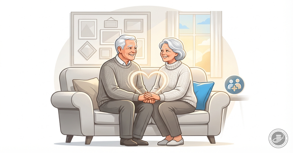 Illustrated elderly couple holding hands on a couch with a glowing heart between them, surrounded by muted blue, white, and w