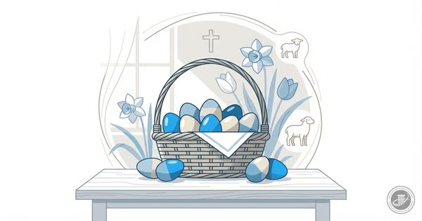 Stylized infographic with blue, warm gray, and white illustration of basket with eggs, flowers, and subtle symbols on a clean