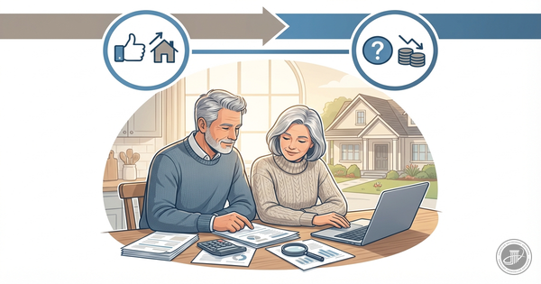 Illustrated infographic of a mature couple reviewing documents at a table with a home in the background, symbolizing reverse 