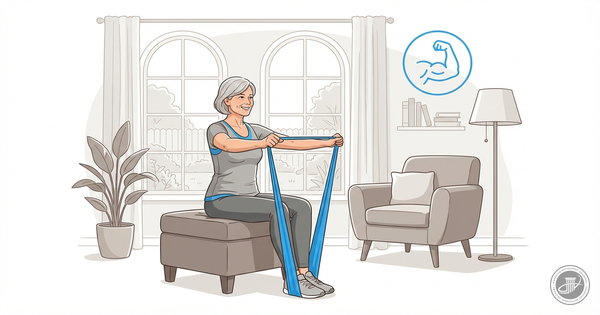 A smiling mature woman does resistance band exercises in a bright living room.