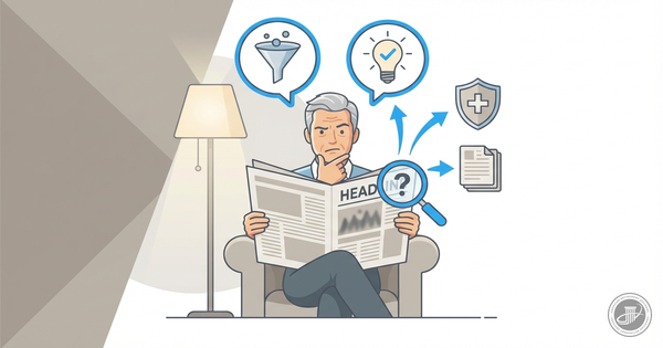 A mature person in a cozy armchair with a skeptical expression reads a newspaper, filtering information as shown by infograph