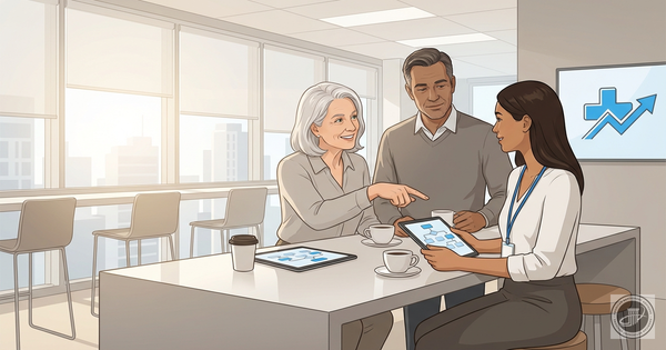 Illustration of a diverse group of employees and HR rep discussing retirement benefits in a modern office break room.