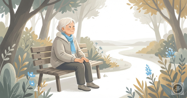 Editorial illustration of an older person sitting peacefully on a bench in a garden, conveying gentle reflection.