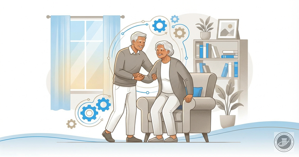 Illustration of a younger older adult gently helping an older adult stand from a chair in a cozy, home setting, with subtle b