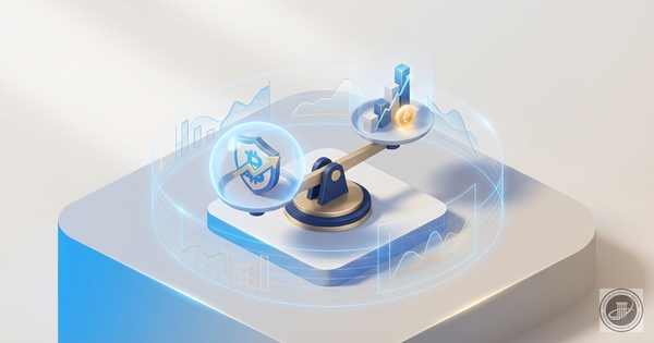 Isometric 3D illustration of a balanced scale and a protective shield with subtle financial charts in a blue and gold palette