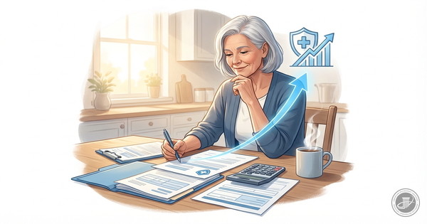 A thoughtful older adult at a sunlit kitchen table with a calculator and documents, reviewing finances with a hopeful express