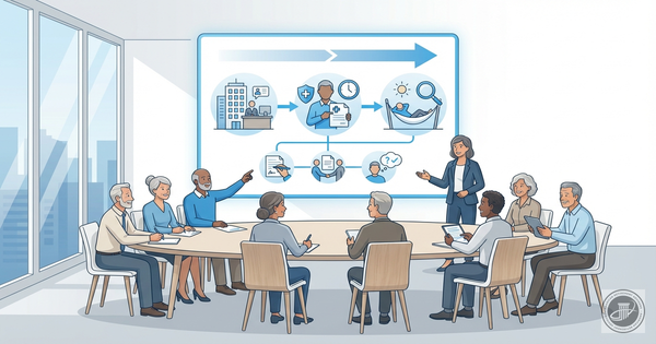 Infographic illustration of diverse employees at a corporate presentation on workplace Medicare guidance.
