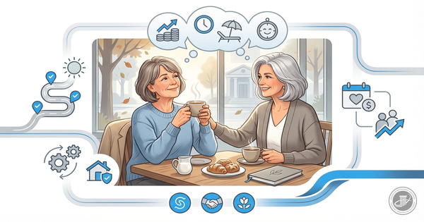 Illustration of two women, one looking happy and relieved, the other smiling supportively, sharing coffee in a warm, casual s