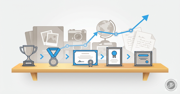 Stylized infographic illustration of personal milestones and achievements on a shelf with warm lighting.