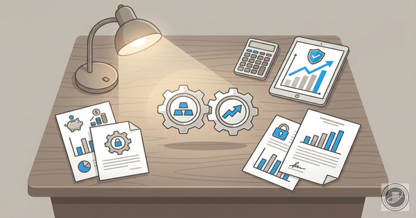 A clean infographic illustration of financial planning tools, calculators, and charts on a wooden desk under a warm lamp.