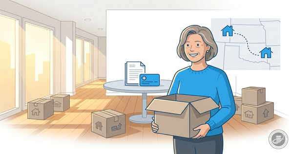 An infographic illustration of a smiling mature woman unpacking in a sunlit home, with a stylized map and card icons nearby, 