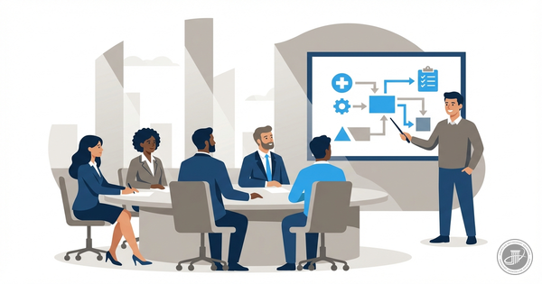 Professional infographic illustration of employees in a modern conference room with an instructor during a Medicare presentat