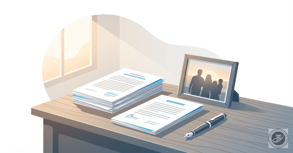 Serene illustration of an organized desk with estate planning documents, a fountain pen, and a family photo in warm, muted bl