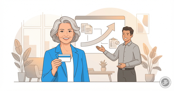 Illustration of a smiling mature woman holding a Medicare card in a bright, modern office, conveying successful enrollment.