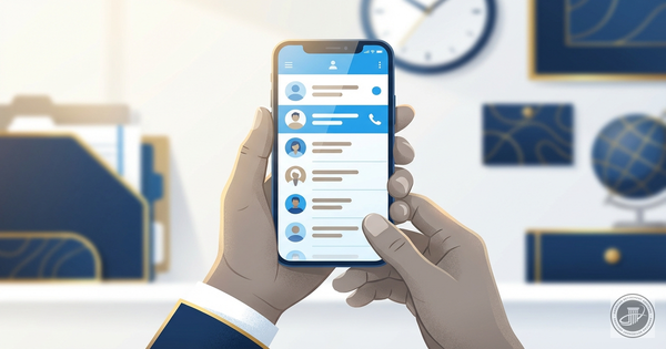 Close-up illustration of mature hands holding a smartphone with a bright, simplified contact list screen. Warm natural light,