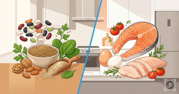 Split infographic illustration showing plant proteins on one side and animal proteins on the other.